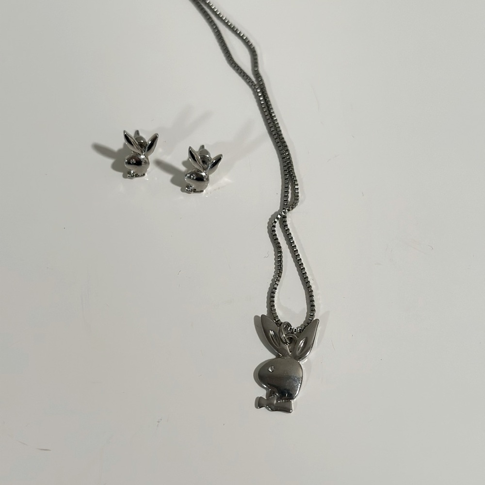 PLAYBOY Silver Rhinestone Necklace and Earrings